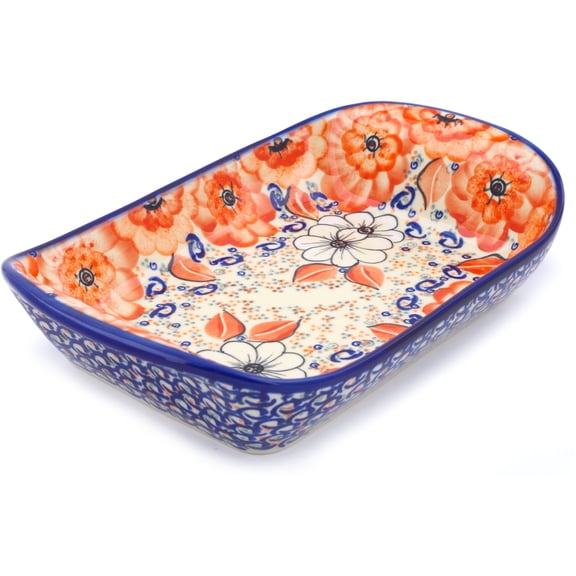 Polish Pottery 11-inch Platter with Handles (Poppy Passion Theme) Signature UNIKAT Hand Painted in Boleslawiec, Poland   Certificate of Authenticity