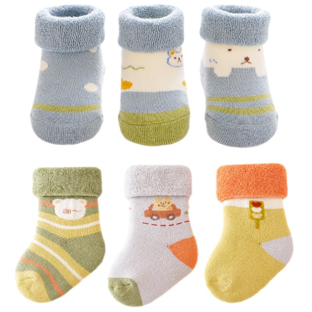 Laklulu Calcetines de algodón para bebé, calcetines de invierno cálidos y gruesos antideslizantes para niños pequeños y niñas, calcetines lindos con flores y animales para bebé, 6 pares