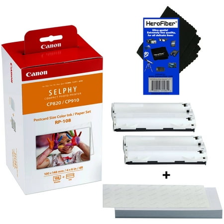 Canon RP-108 High-Capacity Color Ink/Paper Set includes 108 Ink Paper Sheets + 2 Ink Toners for SELPHY CP1300, CP1200, CP1000, CP910 & CP820 Printers + HeroFiber Ultra Gentle Cleaning