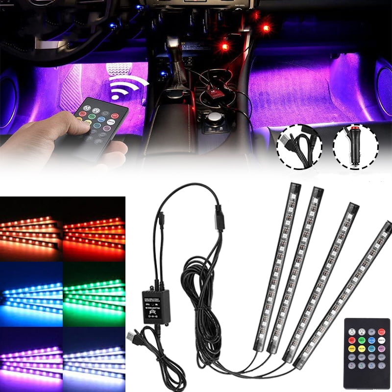 4Pc 12 LED RGB USB Car Interior Floor Atmosphere Strip Light Footwell Lamp Decor 