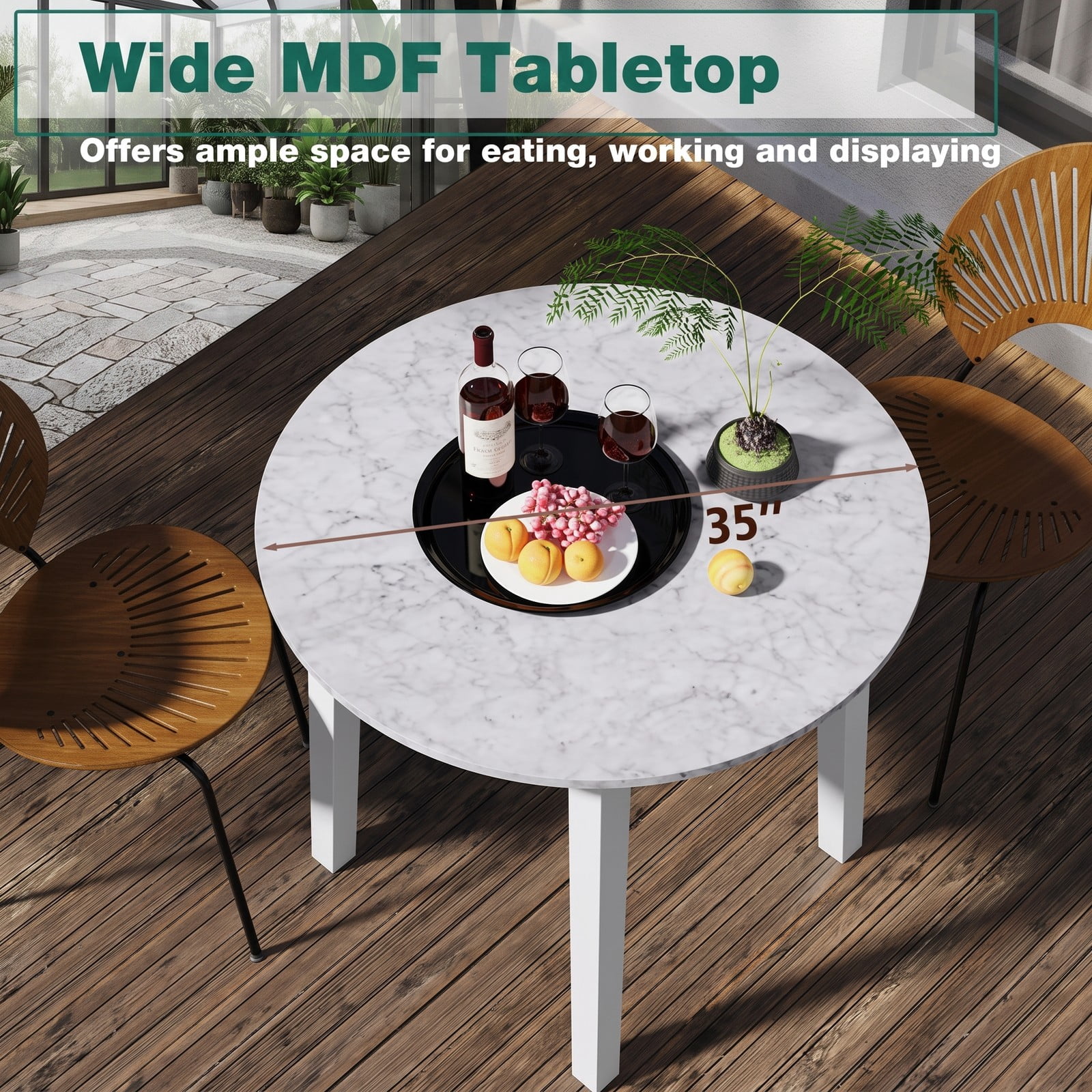 Furnibear 35 Inch Round Dining Table, Marble-Textured Veneer Kitchen Table with Rubber Wood Legs for 2-4 People, Small Space Bistro Dinner Table for Kitchen, White