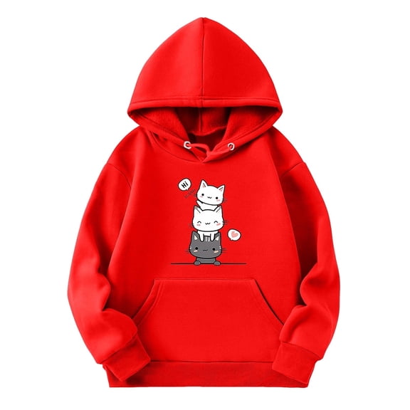 Cute Cat Graphic Hoodies for Girls Cartoon Printed Hoodie Long Sleeves Hooded Sweatshirt Pullover,Red,3-4 Years