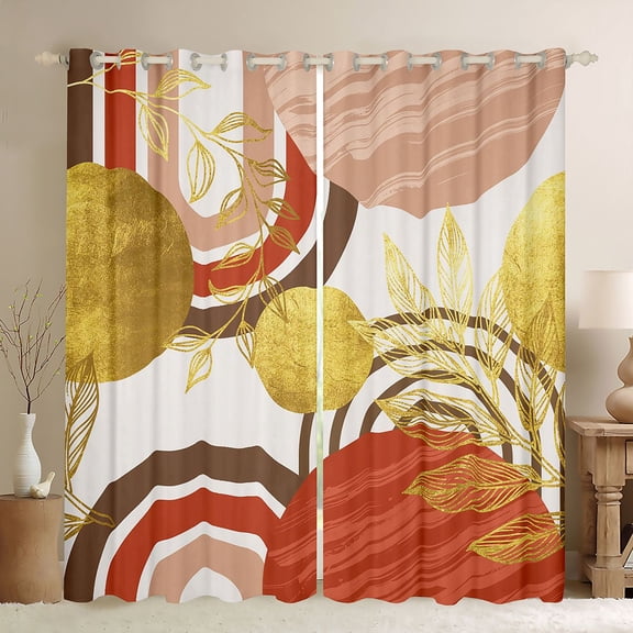Castle Fairy Boho Tropical Leaf Black Out Curtains for Teens, Geometric Print Curtains Pack of 2 (42x63 Each) for Bedroom, Clay Brown Gold