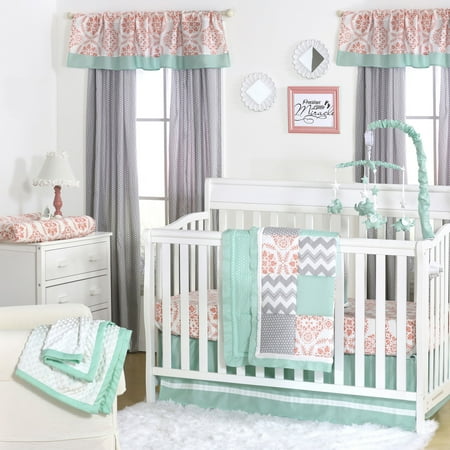 Baby Nursery Girl - Medallion Medley Coral & Mint Baby Girl Crib Bedding - 20 Piece Nursery Essentials Set