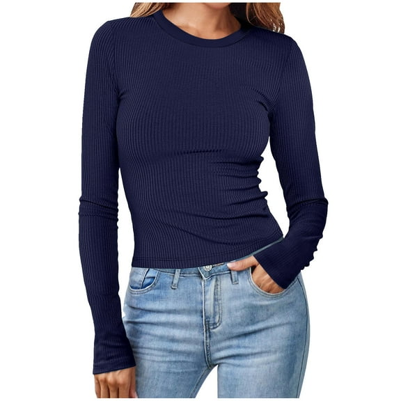 Taqqpue Women's Long Sleeve T Shirt Casual Ribbed Knit Sweaters for Women Crewneck Sweatshirts Slim Fit Tee T-Shirts Solid Color Basic Tee Tops Blouses