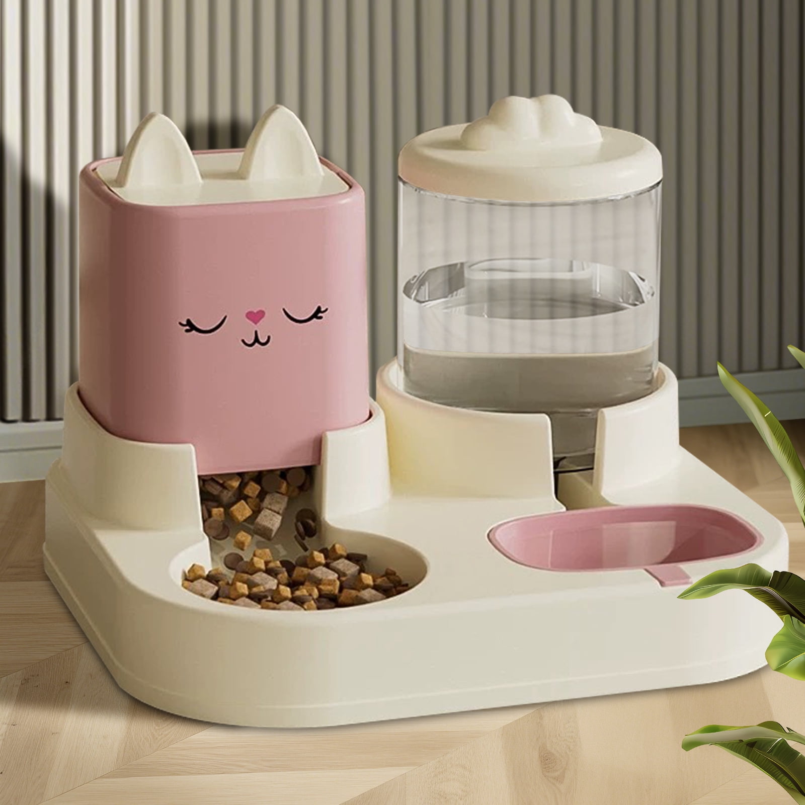 2-in-1 Automatic Cat Dog Feeder and Water Dispenser Set, 2200ML Food Bowl & 1800ML Waterer with Anti-Clog Design, Dry Wet Separation Pet Feeding Station for Small Medium Dogs Cats, Pink