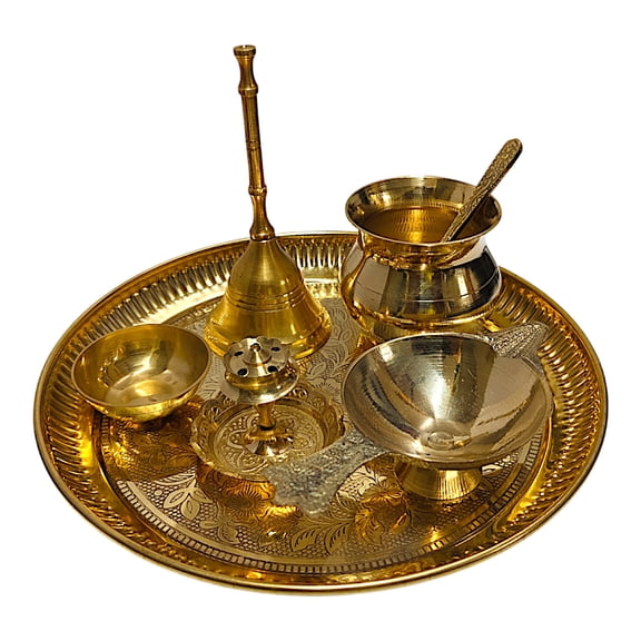 Brass Pooja Thali Set of 7 Beautiful Worship Mandir Items For Home Temple