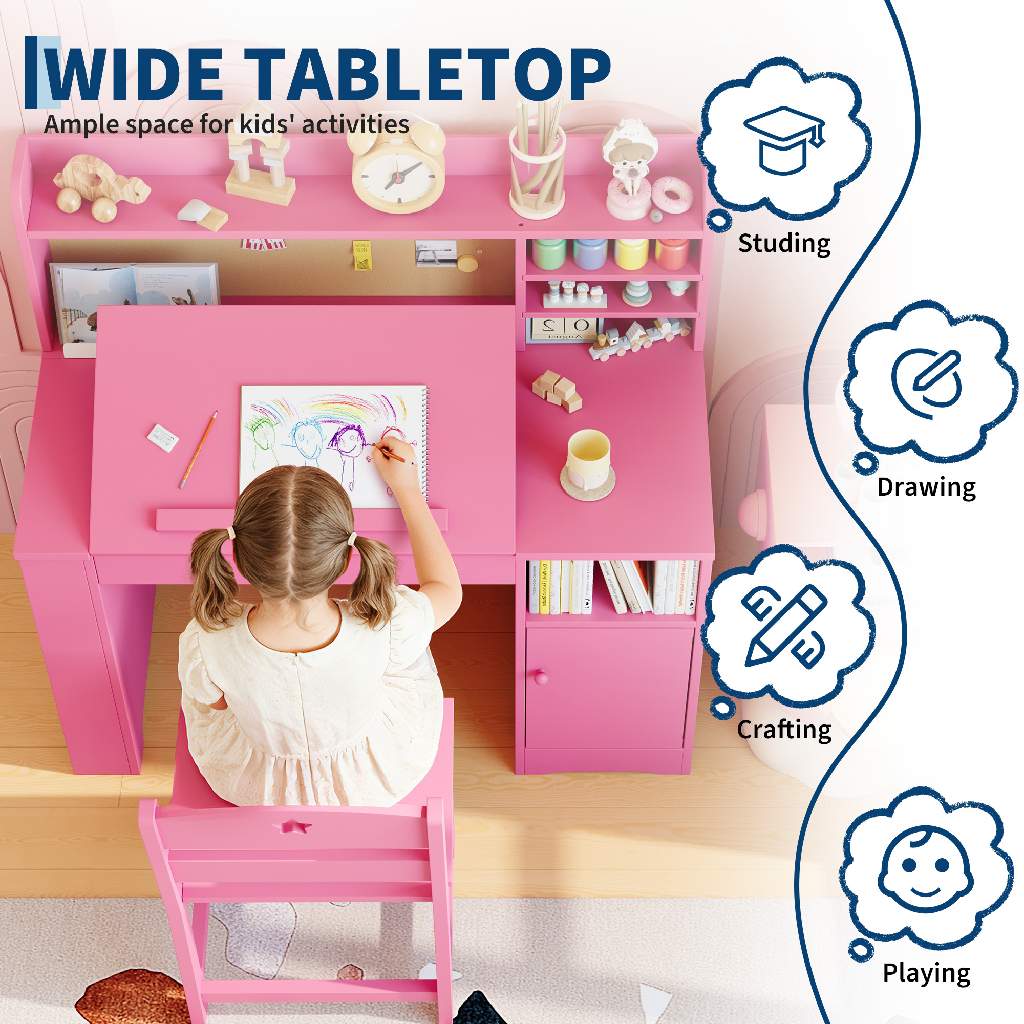 Kids Study Desk & Chair Set with Storage, Kids Study Desk with Hutch and Tiltable Desktop, Wooden Children Table with Storage Cabinet for 3-8 Years Old, Student Writing Table for Bedroom