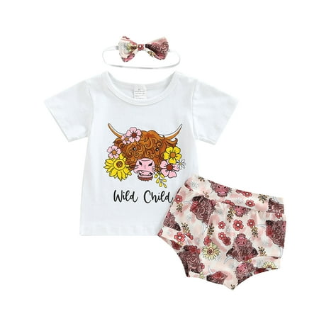 

Liliz Baby Girls 3PCS Pants Suit Flower Cow Head Crew Tees Pants Bow Headband Summer Outfits