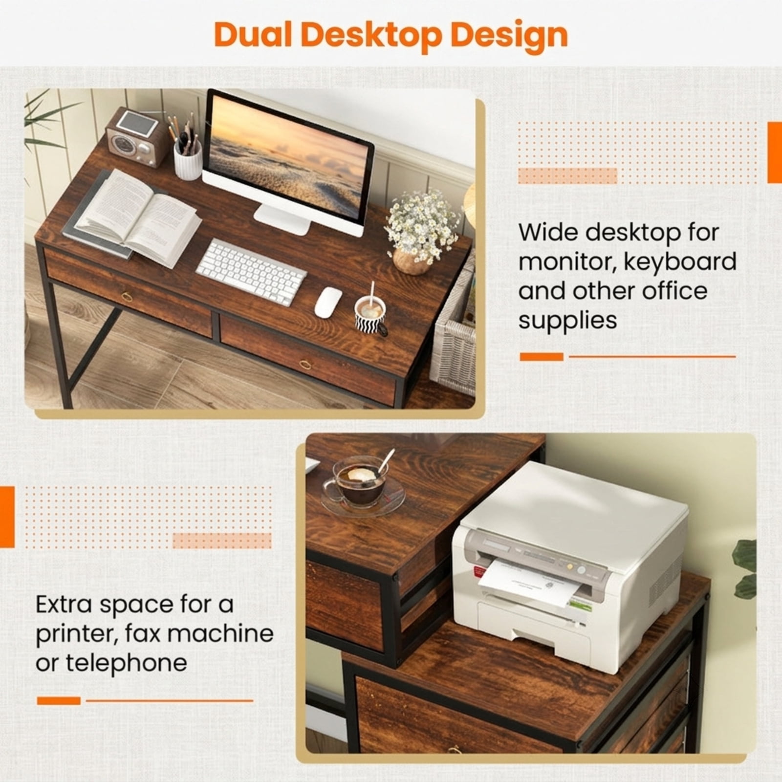Furnibear Computer Desk with 5 Drawers and Side File Cabinet Industrial Home Office Desk with Metal Frame for Study and Work, Rustic Brown