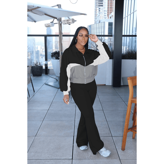 Aomice Women's 2 Piece Tracksuit Set Zip Up Jacket Flare Leg Pants | Color Block Matching Set with Zip Up Jacket and High Waist Flare Pants for Casual, Travel and Everyday Wear-Black Gray-2XL