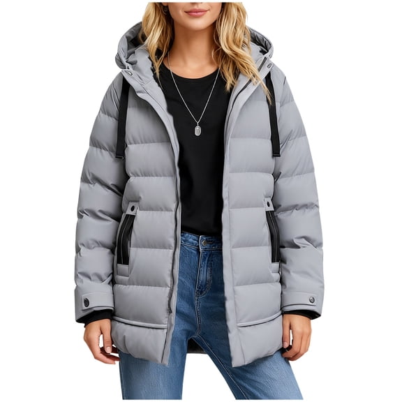 hoksml Plus Size Long Puffer Coat for Women, Solid Color Hooded Winter Jacket with Pockets, Zip and Snap Closure