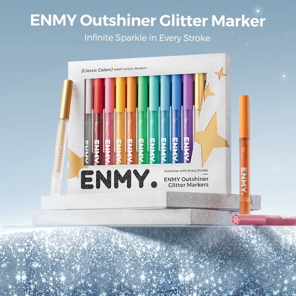 ENMY 12 Colors Glitter Direct‑Liquid Acrylic Paint Markers, Water‑Based Sparkle Art Pens for Rock, Wood, Glass, Paper, Canvas, DIY Crafts & Journaling 中文翻译