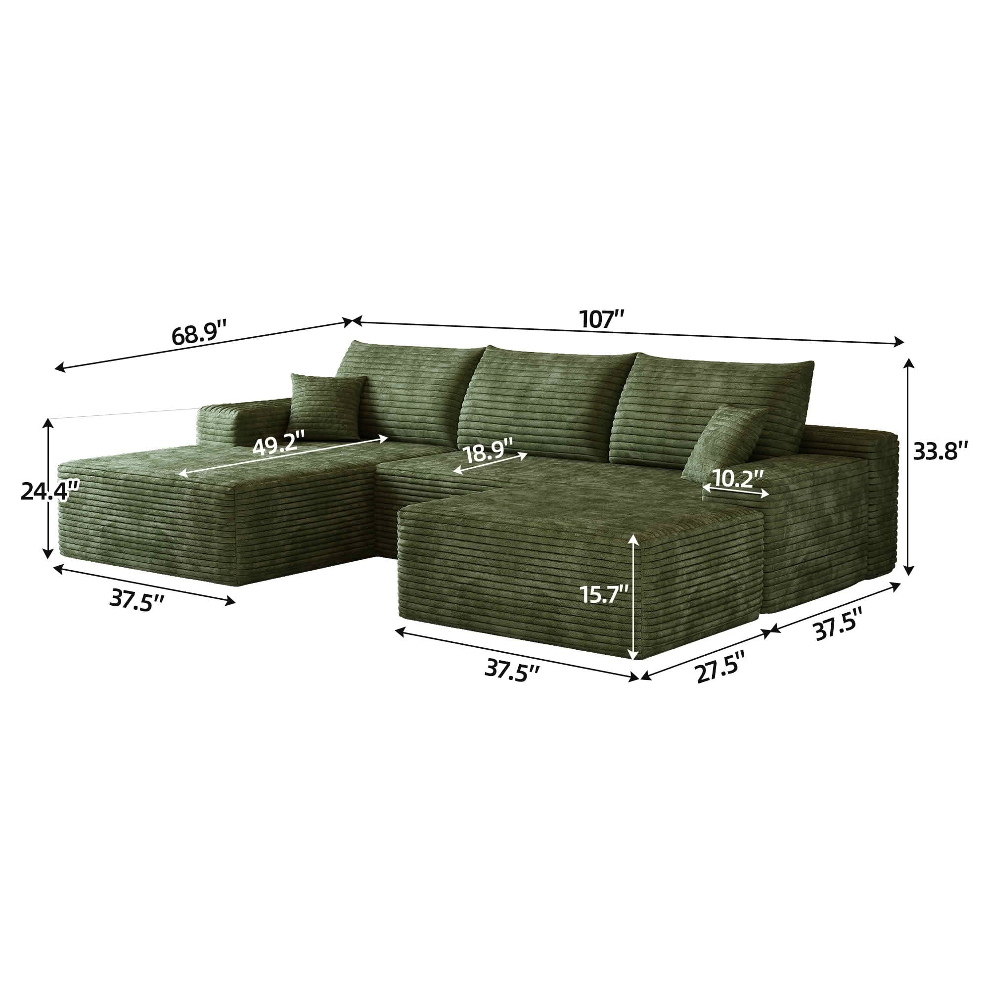 MAYEERTY 107 Inch U‑Shaped Cloud Modular Sectional Sofa with 1 Ottoman, Modern Deep‑Seat Corner Couch, Plush Corduroy Upholstery, No‑Assembly Reversible Chaise Sofa for Living Room Bedroom Apartment