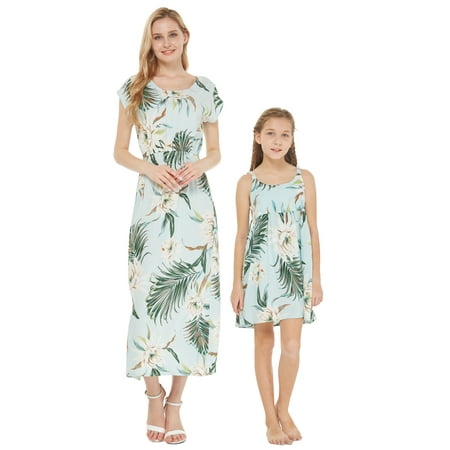 

Matching Hawaiian Luau Mother Daughter Cap Sleeve Maxi and Elastic Dress in Simply Blue Leaves