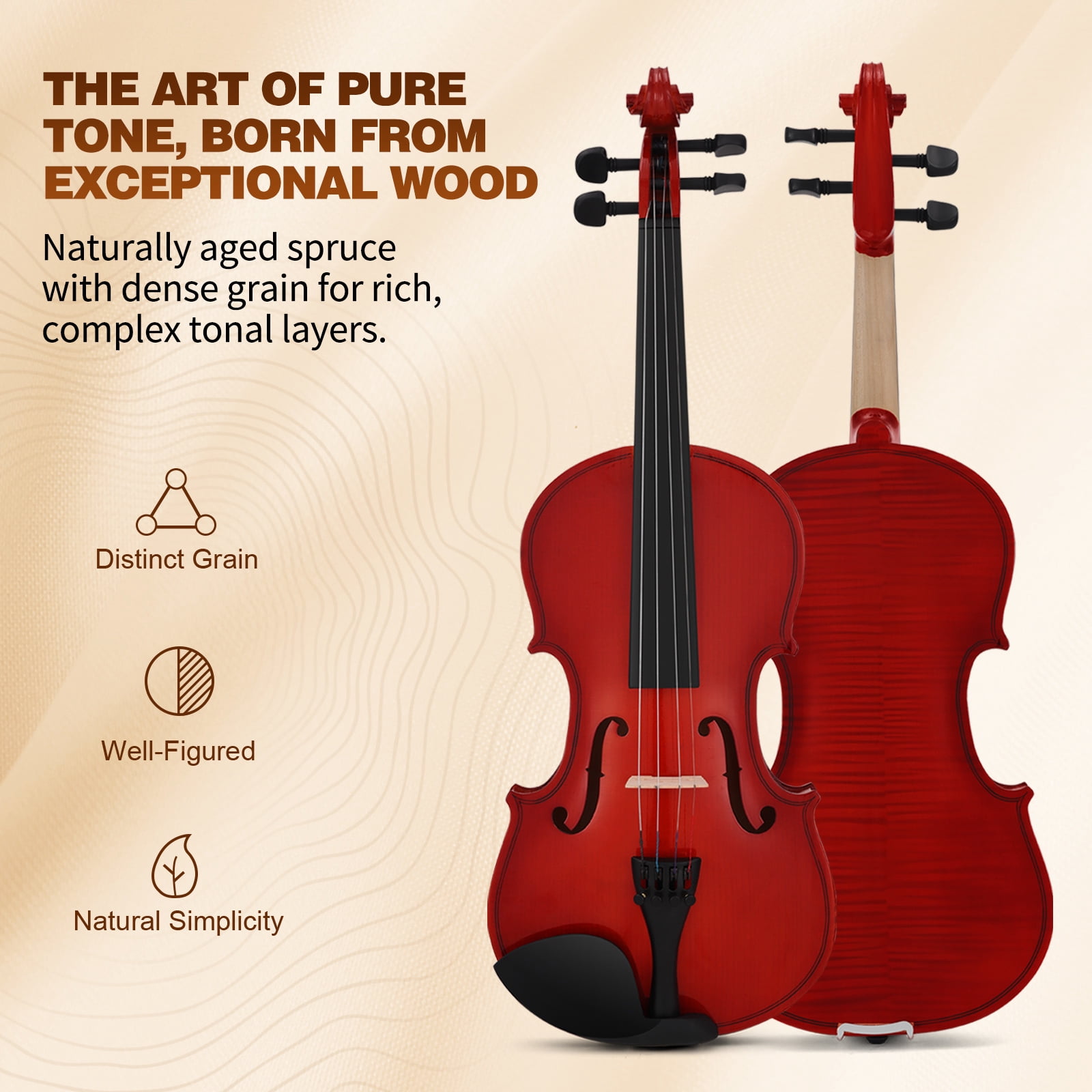 MUSTAR 4/4 Full Classic Violin Set with Bow, Rosins, Hard Case, Mute, Fingerboard Stickers, Shoulder Rest, Beginner Kit (Red Brown)