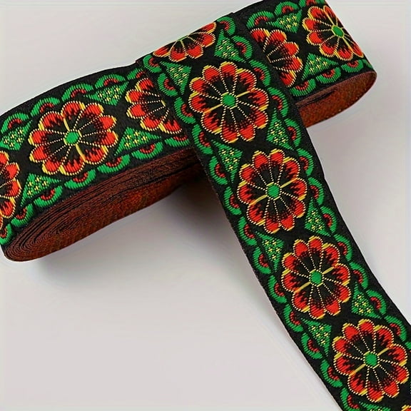 1pc 2Yards 3.3cm Wide Vibrant Floral Jacquard Ribbon - Ethnic Lace Trim for Clothing, Bag Sewing, Fabric Embellishment - Woven Webbing Tape with Embroidered Flower Pattern for DIY Crafting