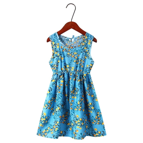 Dresses for Girls Crew Neck Summer Sleeveless Sun Casual Beach Floral Print Party Kids Clothing