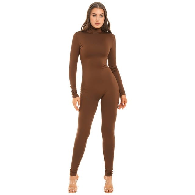 YONGHS Combinaison une Pièce pour Femmes, Col Roulé en Spandex, Combinaison Moulante Marron TG
