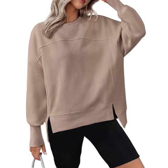 Casual Split Hem Long Sleeve Sweatshirt For Women Round Neck Oversized Drop Shoulder Pullover Top Multiple Colors