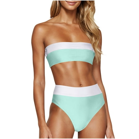 Lopeceal Women s Two Piece Bandeau Swimsuit Color Block Strapless Tube Bikini Top with Mid Waist Cheeky Bottom Bathing Suit