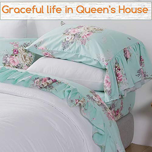 Queen's House Shabby Floral Bed Sheet Set 4-Piece Queen Size French Country Ruffle Bed Sets 