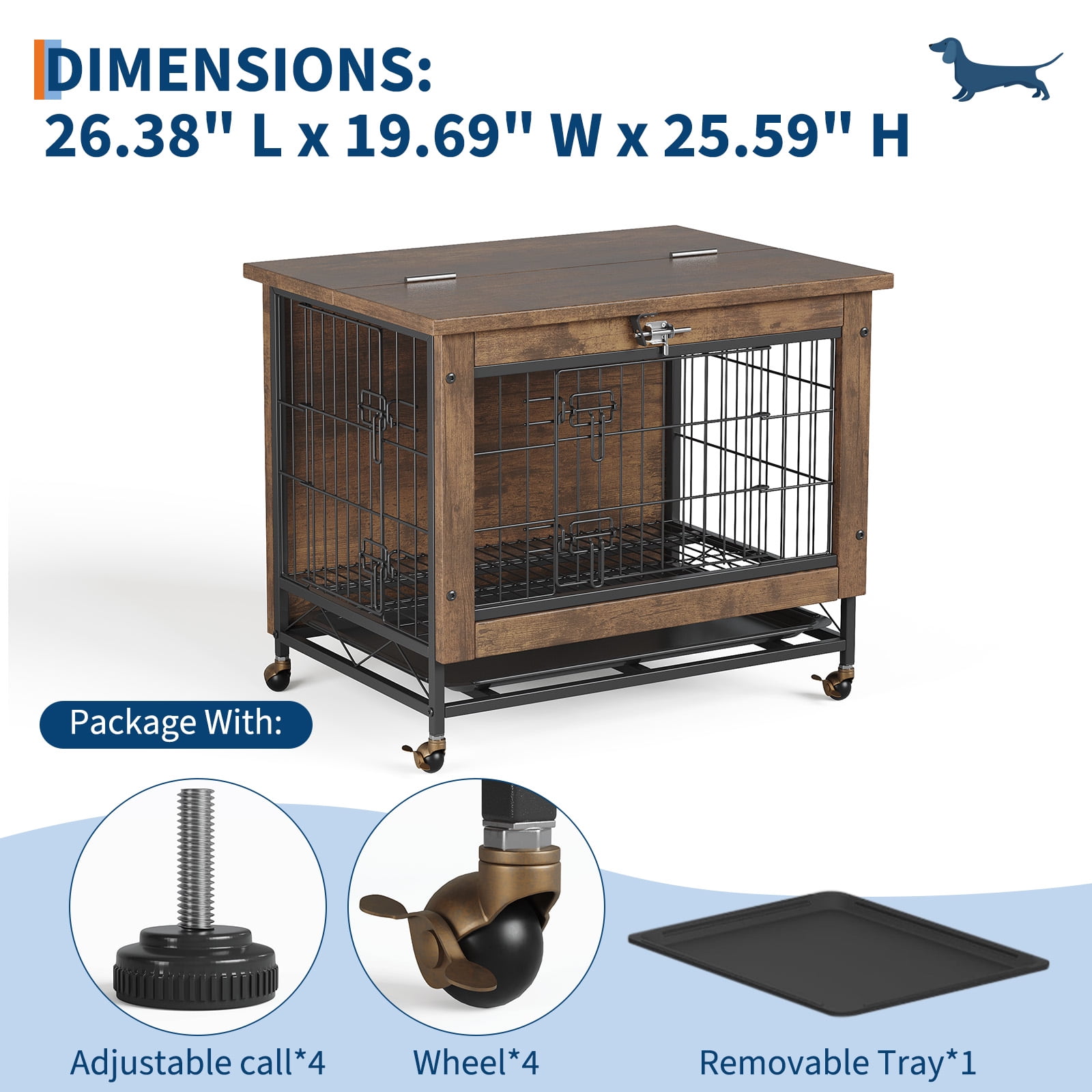 Dog Crate Furniture with 2 Doors, Indoor Small Dog Crates with Wheels, Heavy Duty Wooden Kennel Furniture, End Side Table Cage, Anti-Chew, Rustic Brown