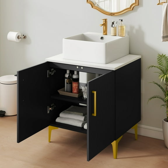 ModFusion 23" Black Bathroom Vanity with White Coutertop Ceramic Basin in Gold Metal Accents & Soft-Close Doors Storage