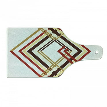 Modern Cutting Board, Retro Style Diamond Like Border Line Geometrical Art Design, Decorative Tempered Glass Cutting and Serving Board, Wine Bottle Shape, Caramel Brown, by Ambesonne