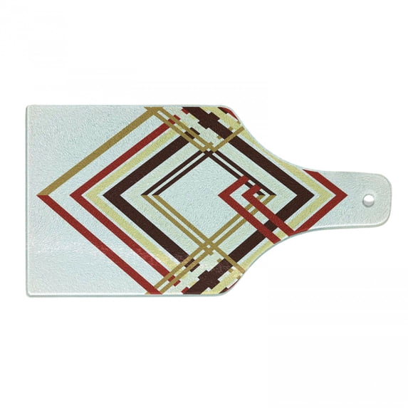 Modern Cutting Board, Retro Style Diamond Like Border Line Geometrical Art Design, Decorative Tempered Glass Cutting and Serving Board, Wine Bottle Shape, Caramel Brown, by Ambesonne