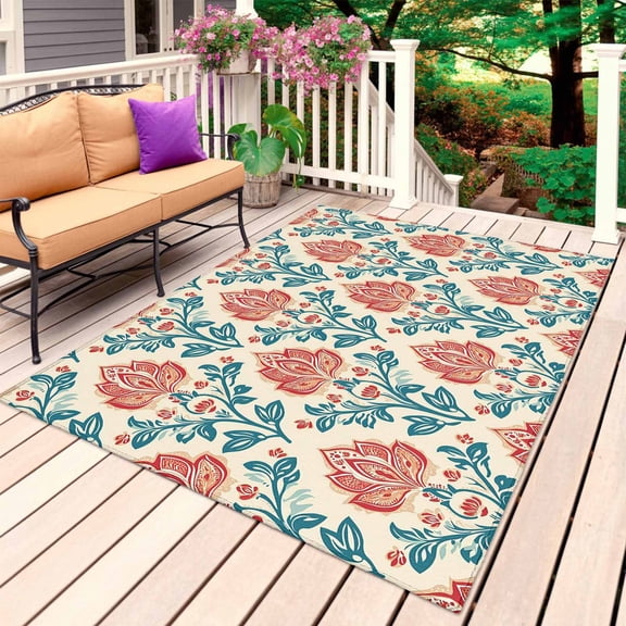 Teal Red Botanical Outdoor Rug for Patio/Deck/Porch, Non-Slip Large Area Rug 4 x 6 Ft, Vintage Watercolor Flower Plant Indoor Outdoor Rugs Washable Area Rugs, Reversible Camping Rug Carpet Runner