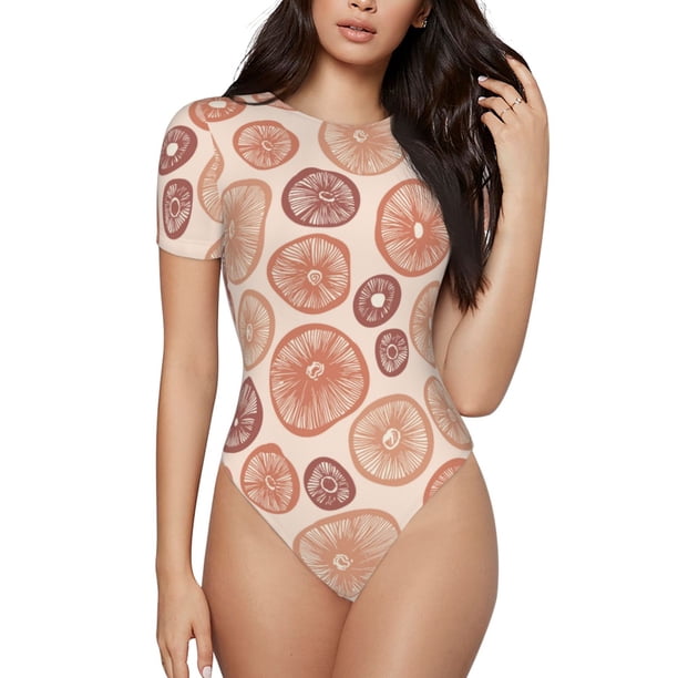Balery Mushrooms2 Body de cuello redondo de manga corta para mujer Tops de manga corta Tops básicos-Large
