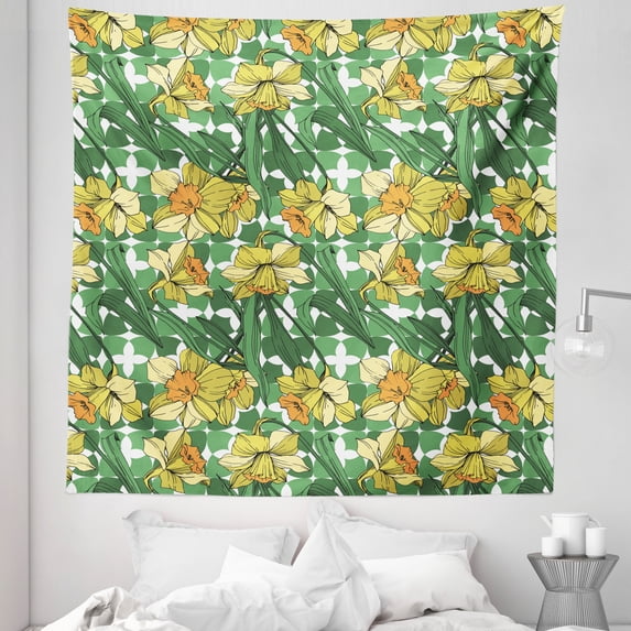 Summer Orange Tapestry, Rhythmic Narcissus Flowers on Abstract Motifs Background, Fabric Wall Hanging Decor for Bedroom Living Room Dorm, 5 Sizes, Reseda Green Pale Orange, by Ambesonne