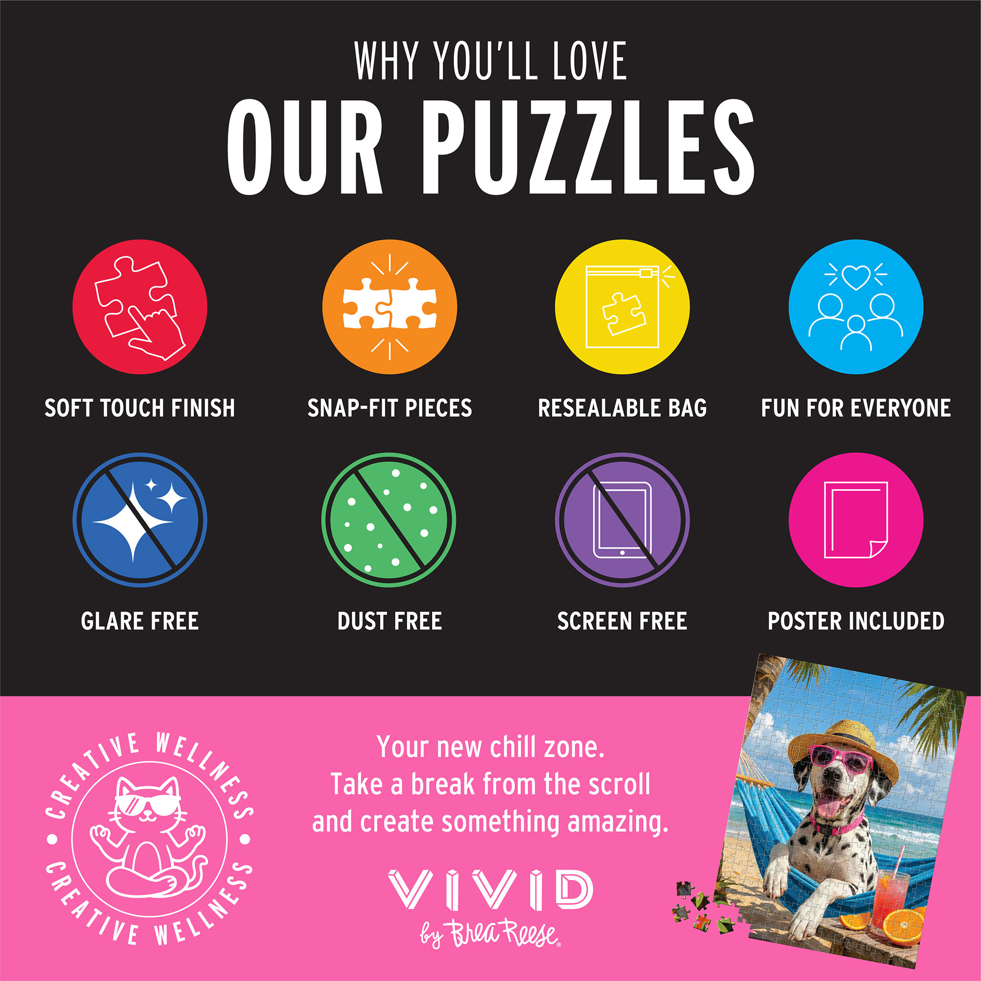 Vivid by Brea Reese: 300 Piece Puzzle - Vacay Doggie - Dalmatian Dog Relaxing Beach Scene Jigsaw, Soft-Touch Snap-Fit Pieces, Image Reference Poster