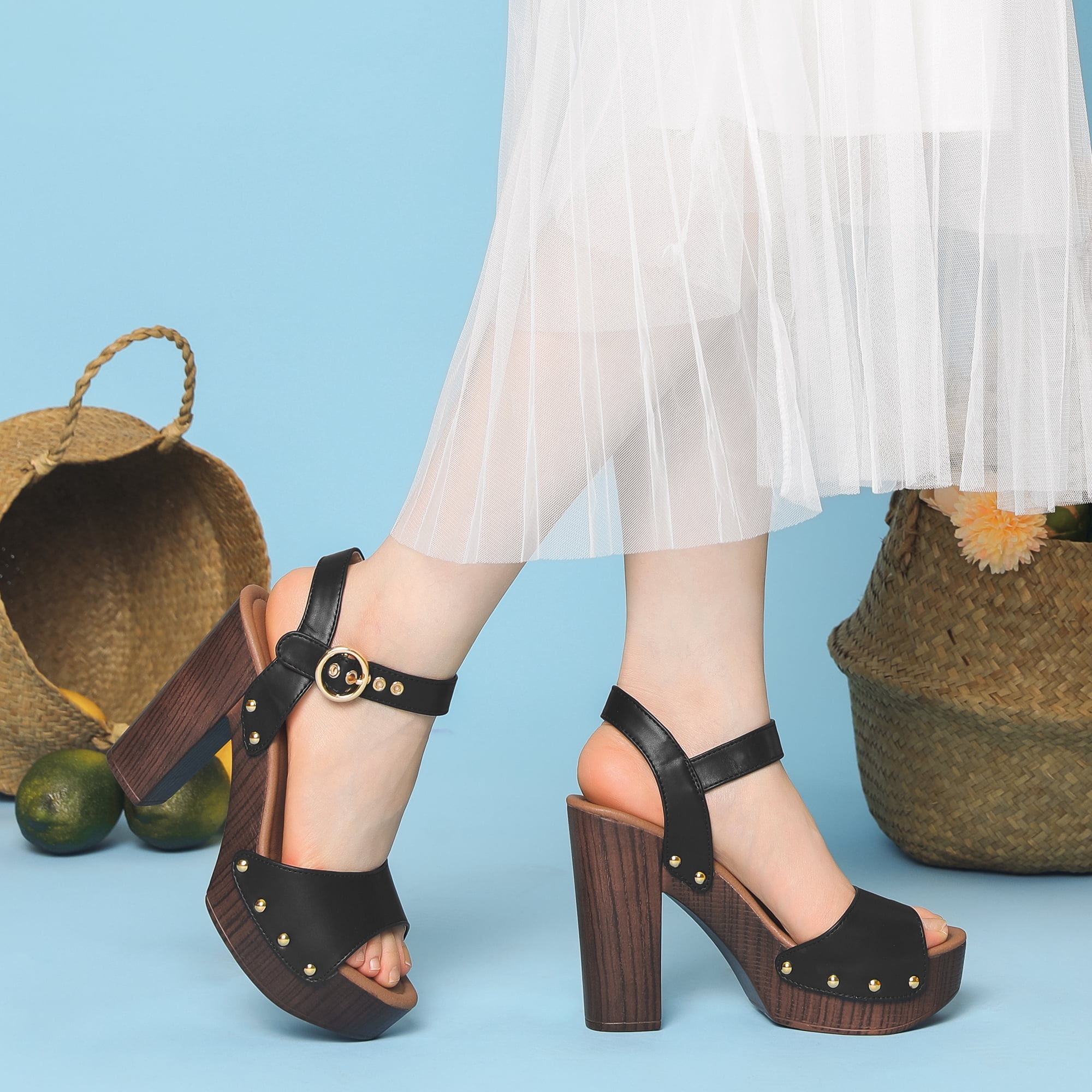 Unique Bargains Platform Buckle Ankle Strap Chunky High Heels Sandals for Women Black 9.5