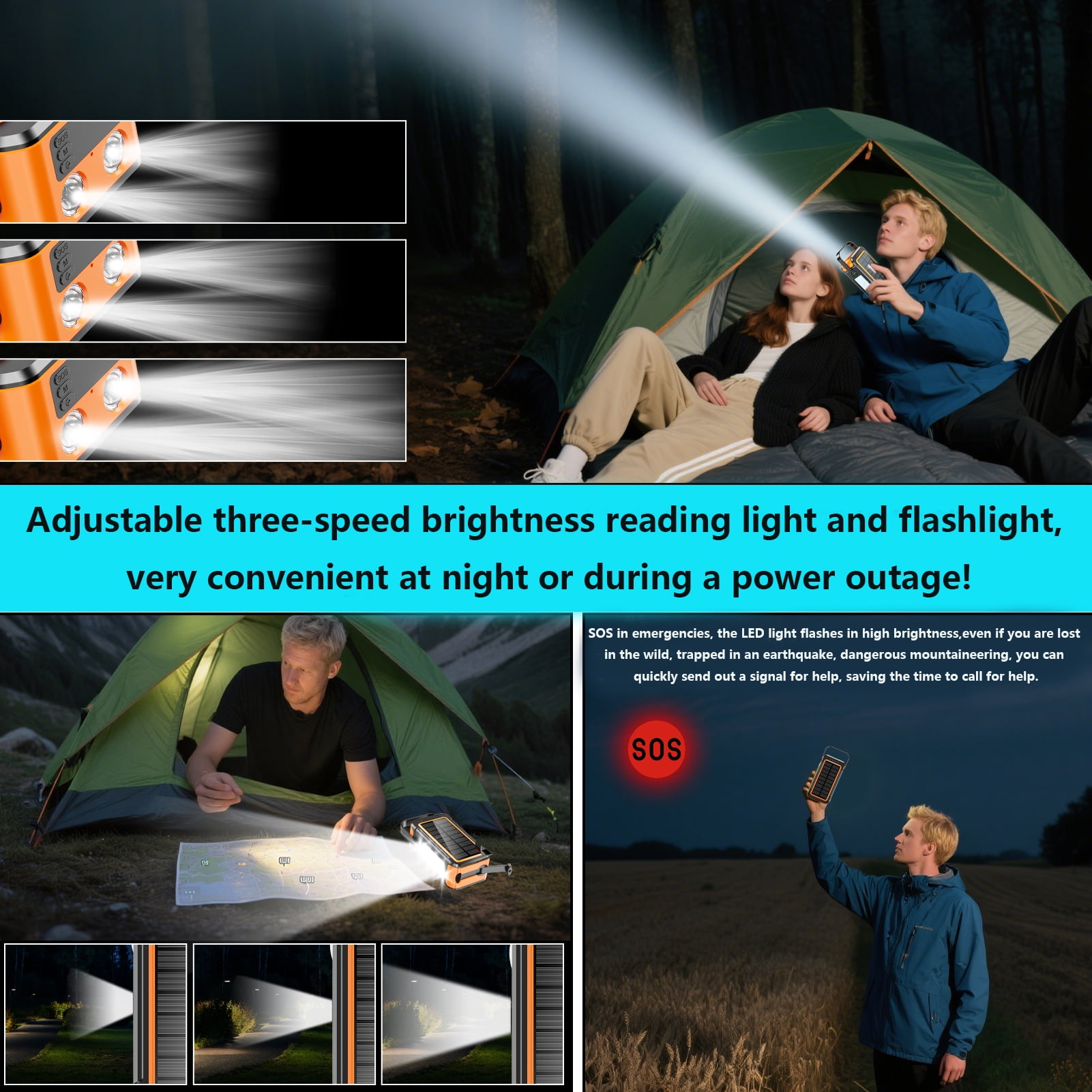 Power Bank Wireless Charger 80000mAh Built in 4 Cables Six Outputs 15W Fast Charging Power Bank for All Mobile Devices Three Inputs Solar Portable Charger with Dual Flashlights