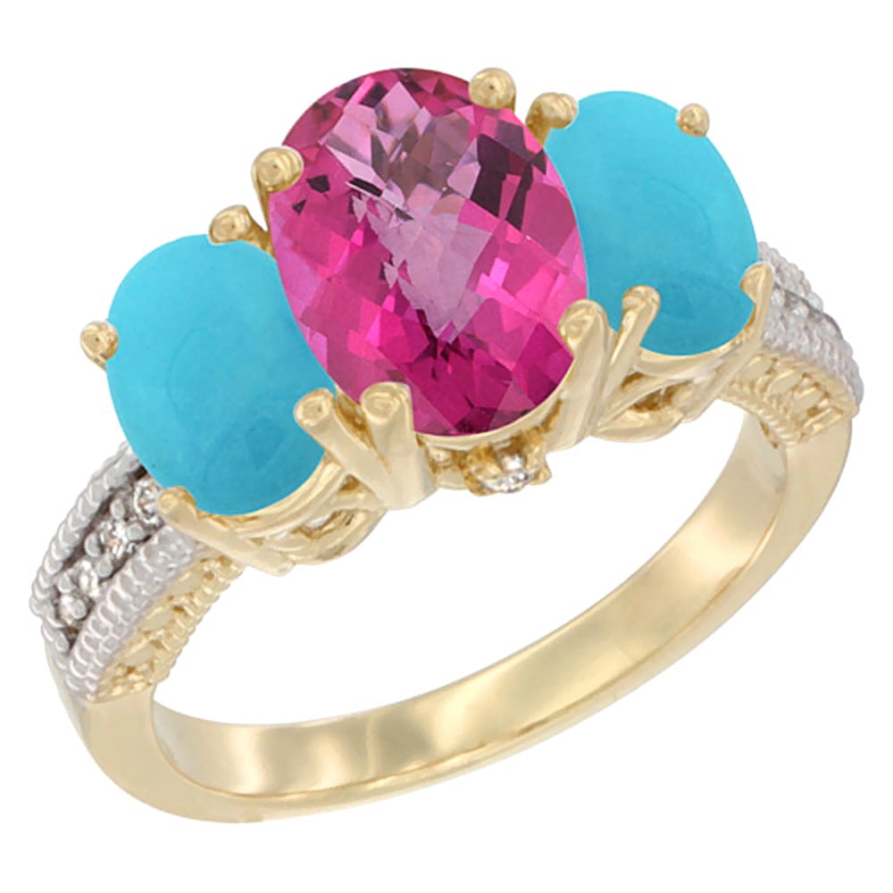 14K Yellow Gold Diamond Natural Pink Topaz Ring 3-Stone Oval 8x6mm with Turquoise, sizes5-10 by WorldJewels