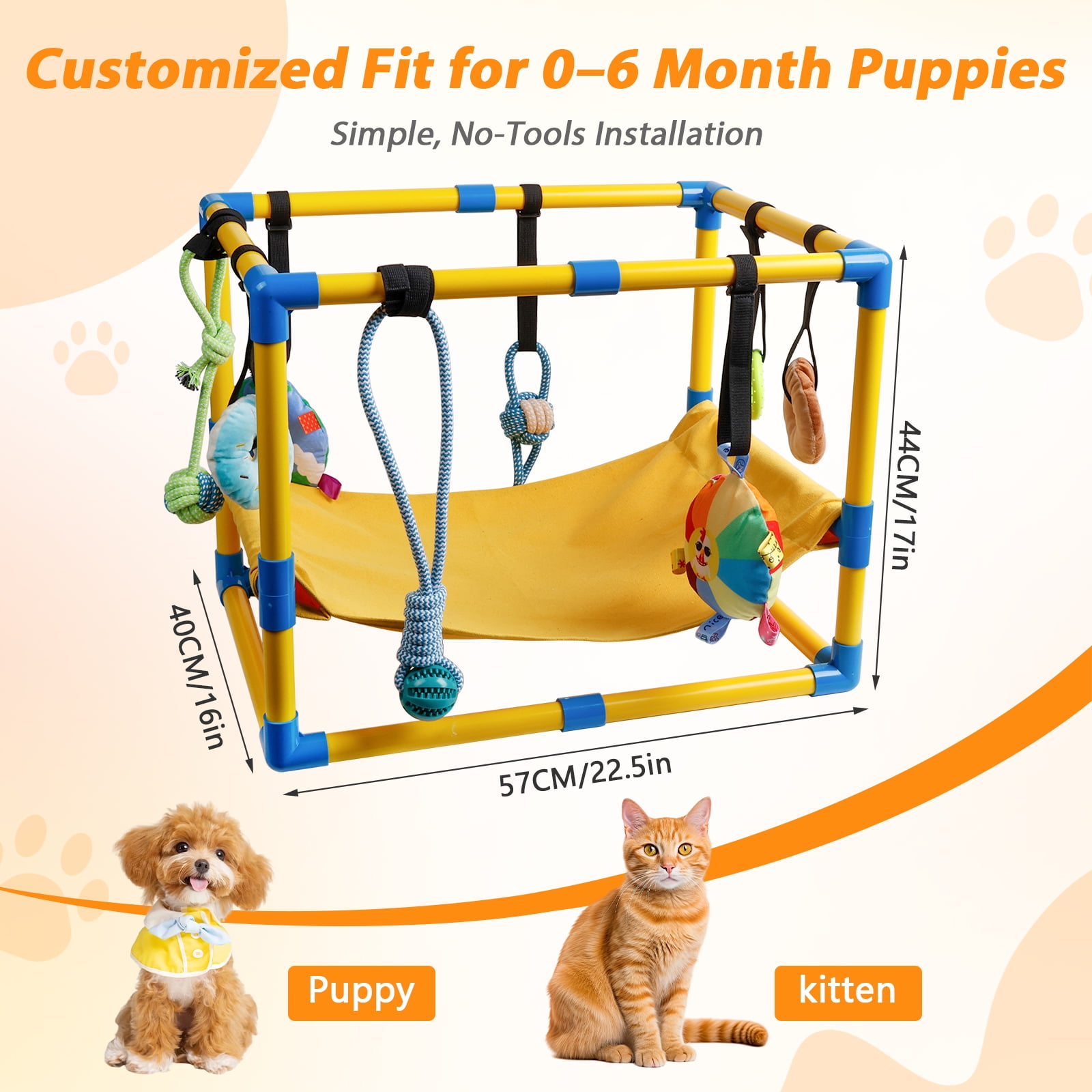 JDNRXO Puppy Play Gym with Hammock - 8 Hanging Toys & Enrichment Center for Small Dogs, Adjustable PVC Indoor Jungle Gym with Bungee Straps