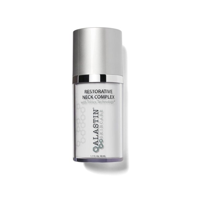 loción hidratante alastin skincare restorative neck complex 50 ml envase frontal, cilindro blanco con tapa plateada y texto negro 'RESTORATIVE NECK COMPLEX' y 'ALASTIN SKINCARE', indicador 50 ml (1.7 fl oz) y patrón molecular gris; tratamiento reafirmante e hidratante para cuello y escote, también usado para mejorar textura y líneas finas en la zona.