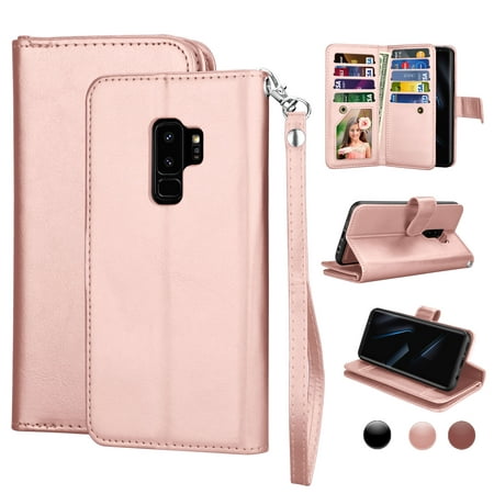 Cases For Samsung Galaxy S9 / S9+ / S8 / S8+ / S7 / S7 Edge, Njjex [Wrist Strap] Luxury PU Leather Wallet Flip Protective Case Cover with 9 Card Slots & KickStand -Rose (Best Protective Case For Galaxy S7)