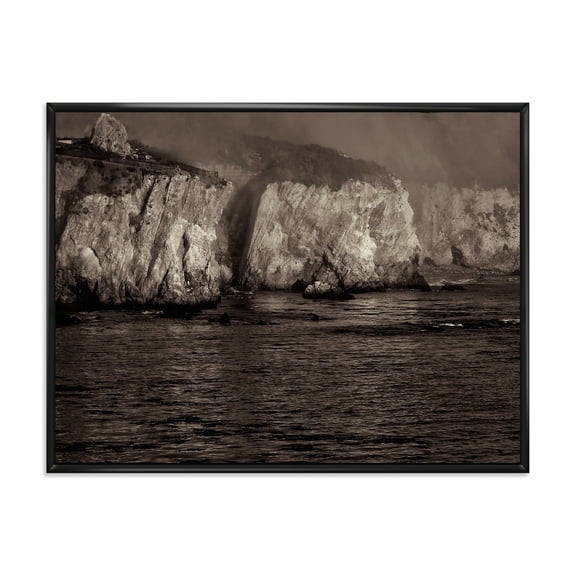 Designart 'Gold Cliffs Over Sea In The Fog' Modern Framed Canvas Wall Art Print