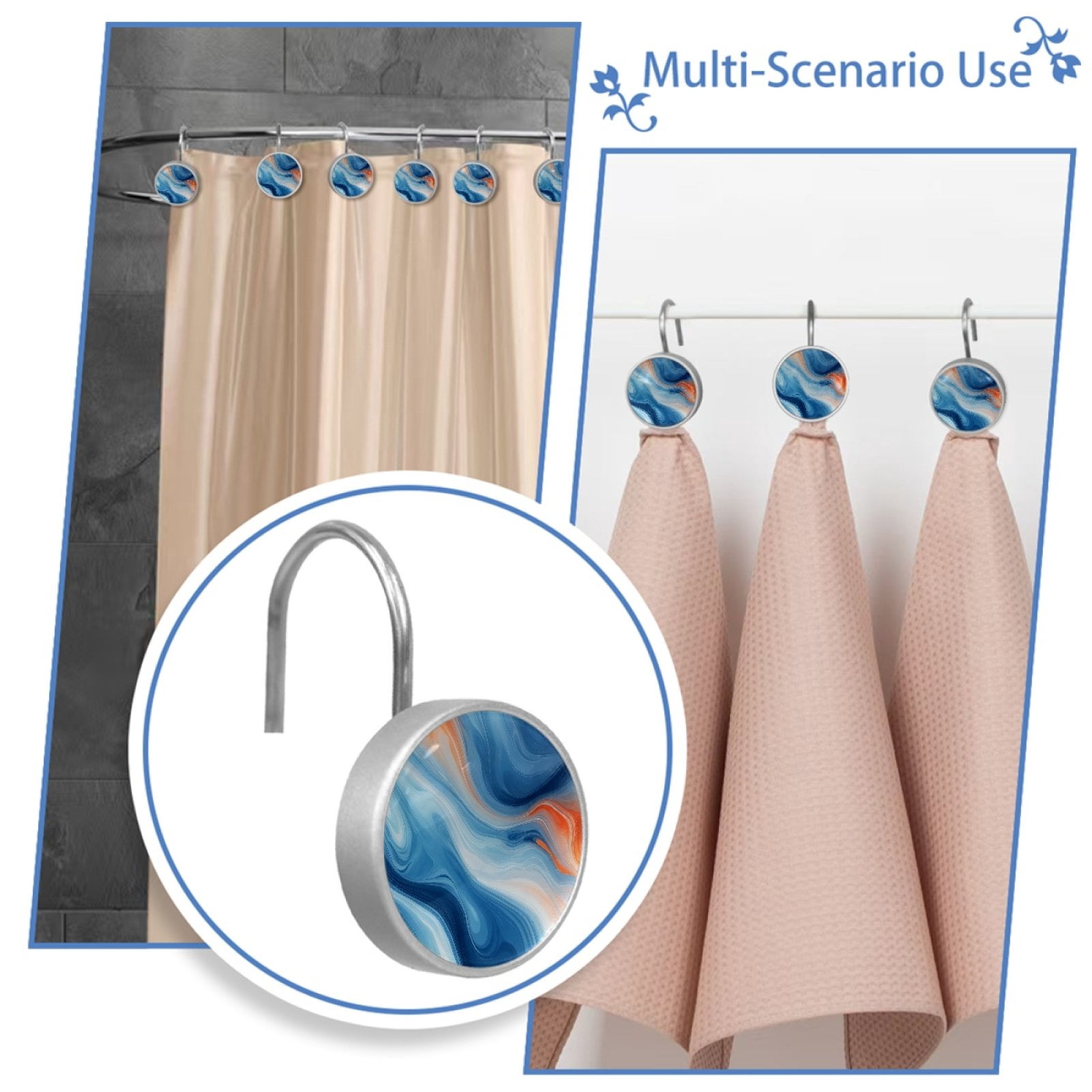 Blue Marble 12 Pack Shower Curtain Hooks, Decorative Shower Rings for Shower Curtain Rods, Stainless Steel, Rust Resistant, Round Curtain Hooks for Bathroom