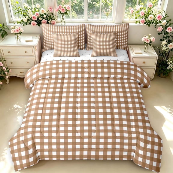 Manfei Modern Brown Checkered 7-Piece Twin Bedding,Geometric Check Bedding Comforter Set,Reversible