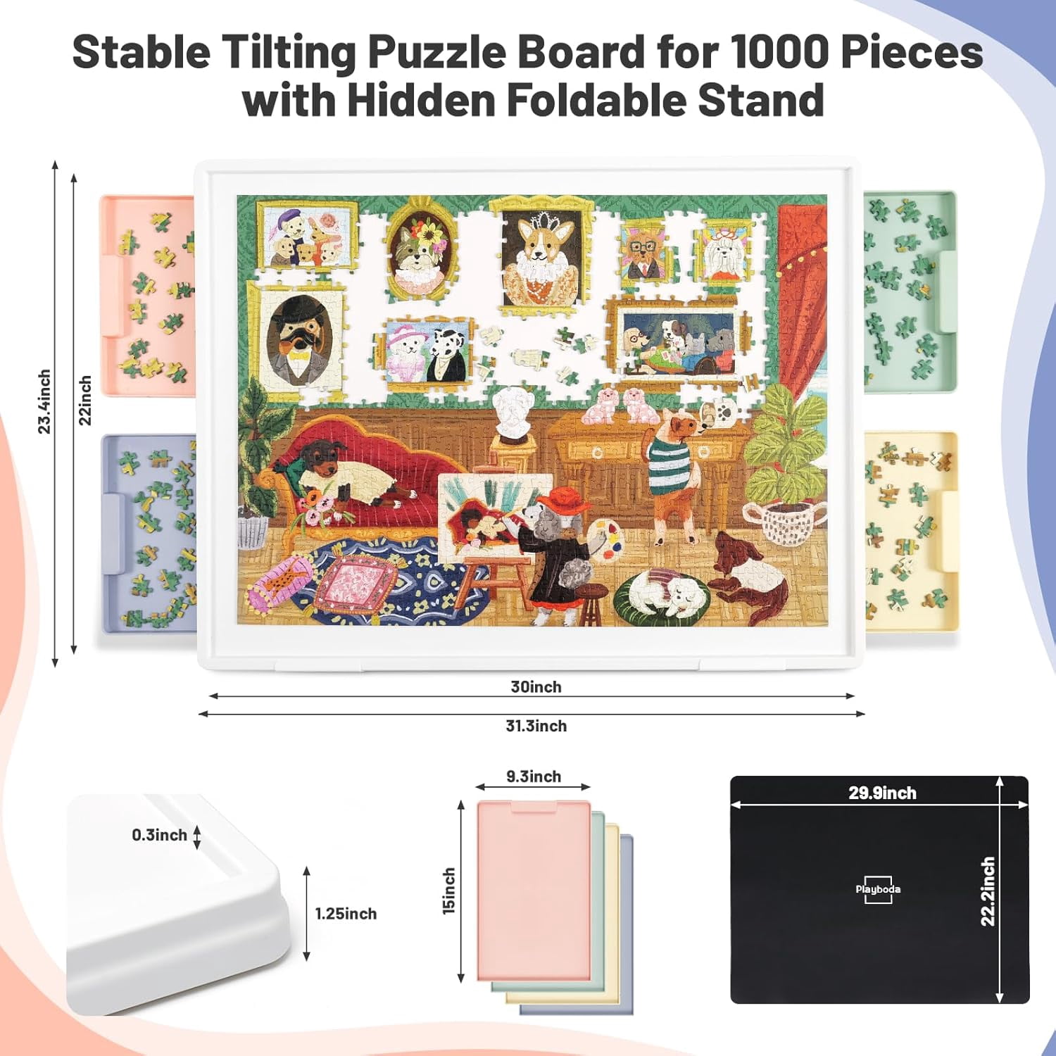 Playboda 1000-Piece 2-in-1 Tilting Puzzle Board (30"x22") with 4 Color Drawers and Protective Cover, Adjustable Puzzle Table with Built-in Stand