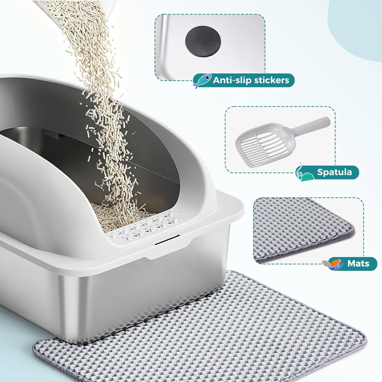 Atilioo Stainless Steel Cat Litter Box with Lid, Metal Litter Pan High Sided, Anti-Urine Leakage, Easy Clean, Never Absorbs Odors, Include Scoop & Mat, Light Gray