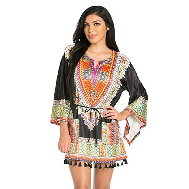 2Chique Boutique Robe Imprimée à Manches Longues pour Femmes avec Ceinture à Chaîne et Ourlet à Pompon (Moyenne)