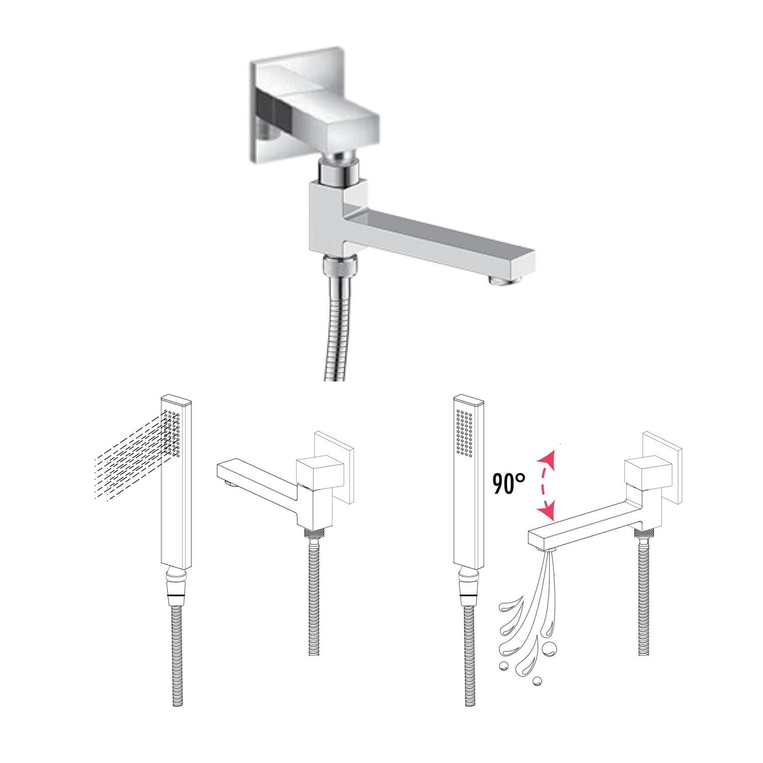 The akuaplus® Square Bathtub Spout or shower 1/2 in. female 2-way.