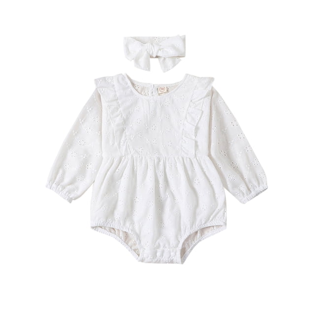 Diconna Combinaison Bébé Fille à Œillets Jacquard Manches Longues Col Rond + Bandeau Nœud Vêtements pour Tout-Petits