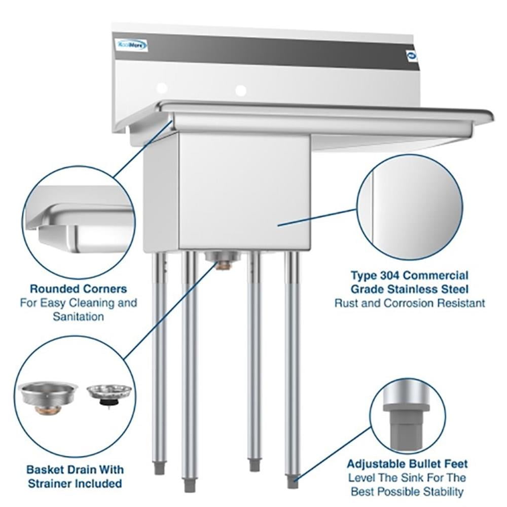 Koolmore SA121610-16R3 1 Compartment Stainless Steel Commercial Kitchen Prep & Utility Sink With Drainboard - Bowl Size 12" X 16" X 10"