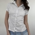 thumbnail image 4 of BUYISI Basic Simple Womens Lapel Stripes Short sleeves Shirt All-match Casual tops White M, 4 of 9